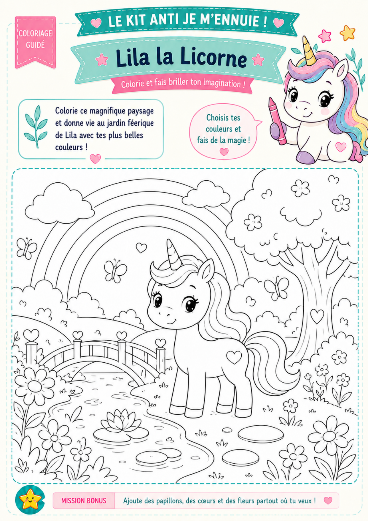 Page d'activité : coloriage guidé de Lila la licorne
