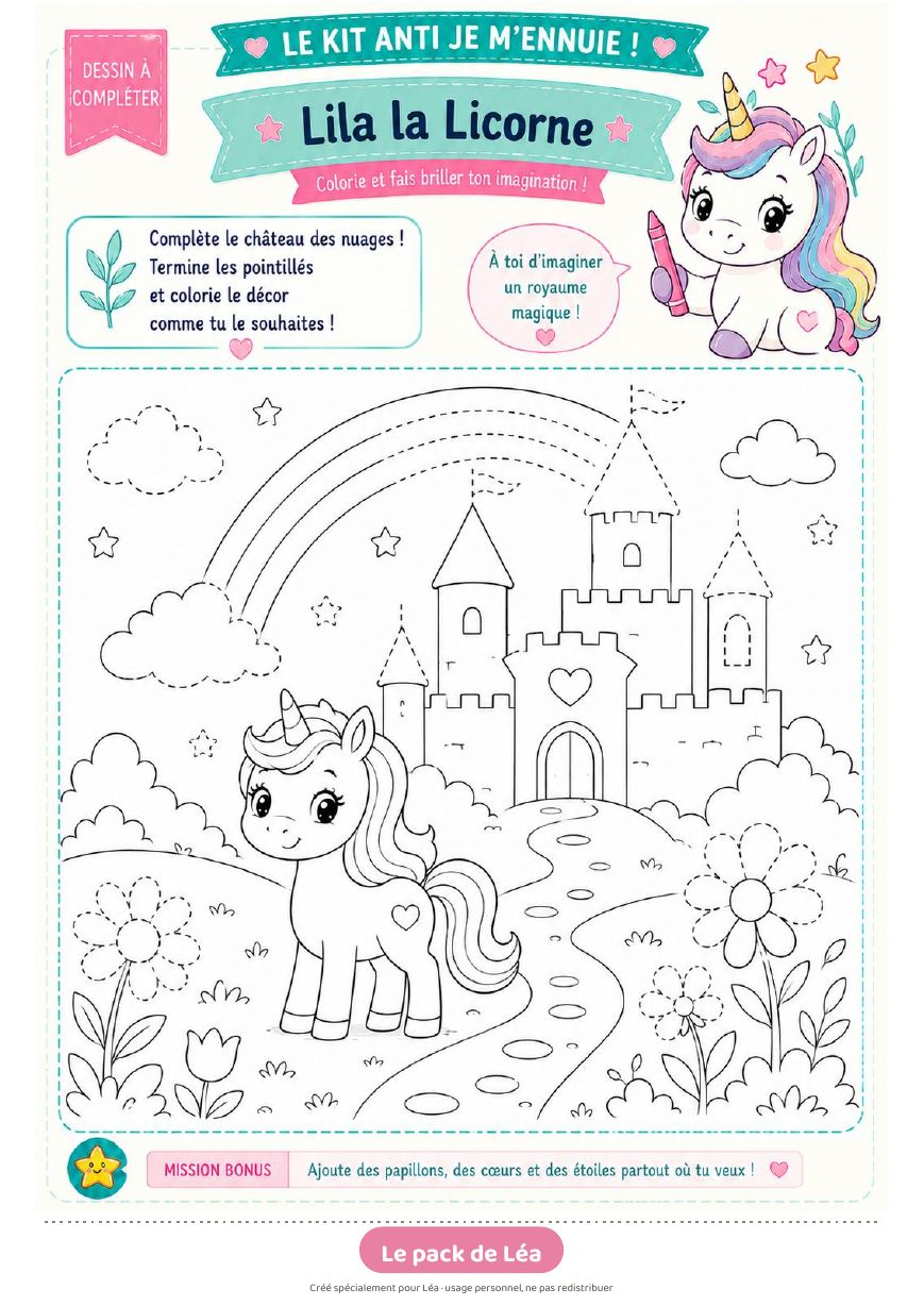 Page d'activité : coloriage de Lila la licorne, personnalisée avec le prénom Léa en bas de page